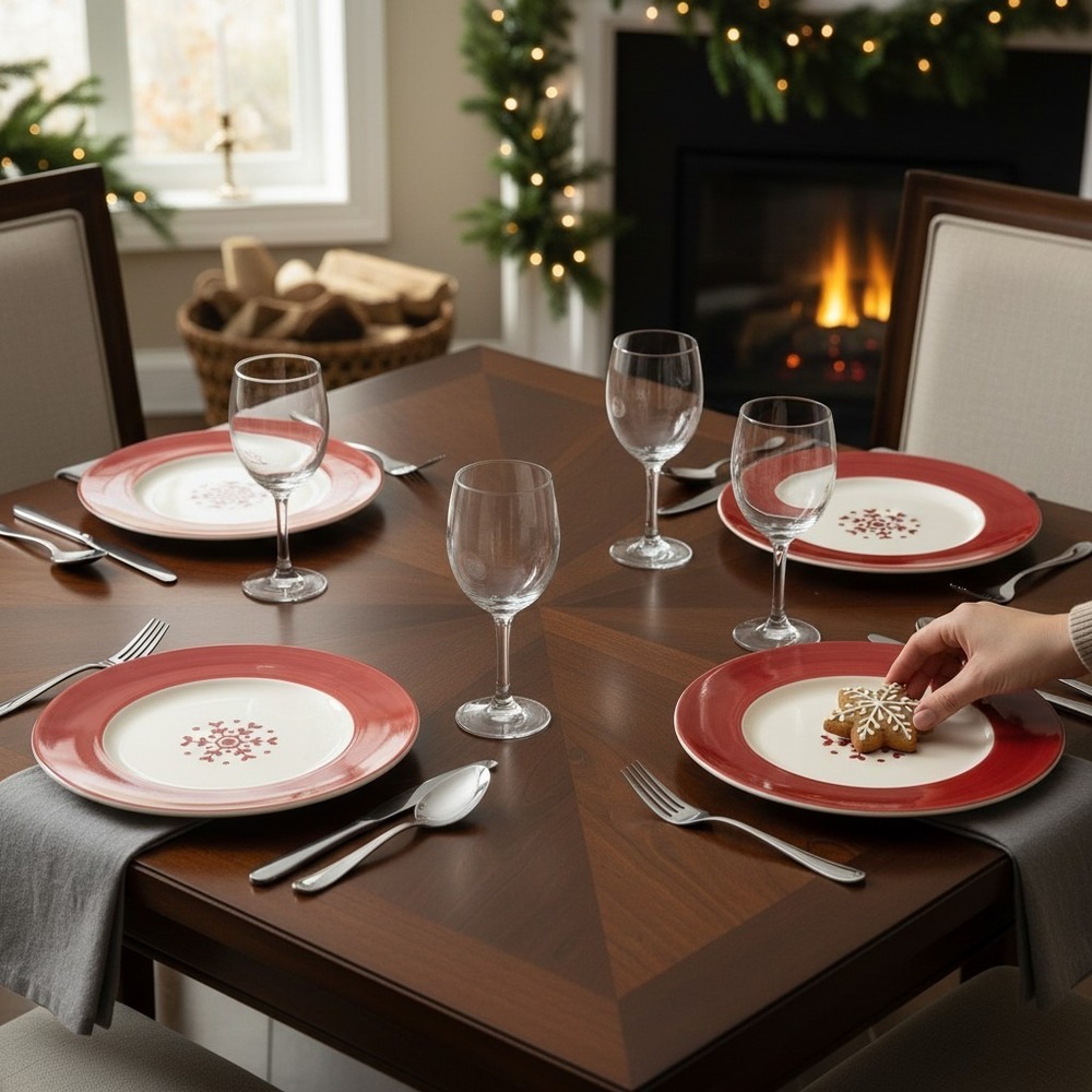 CMG Salad Plates Set of 4 8.5" Red White NWT Portugal Snowflake Holiday